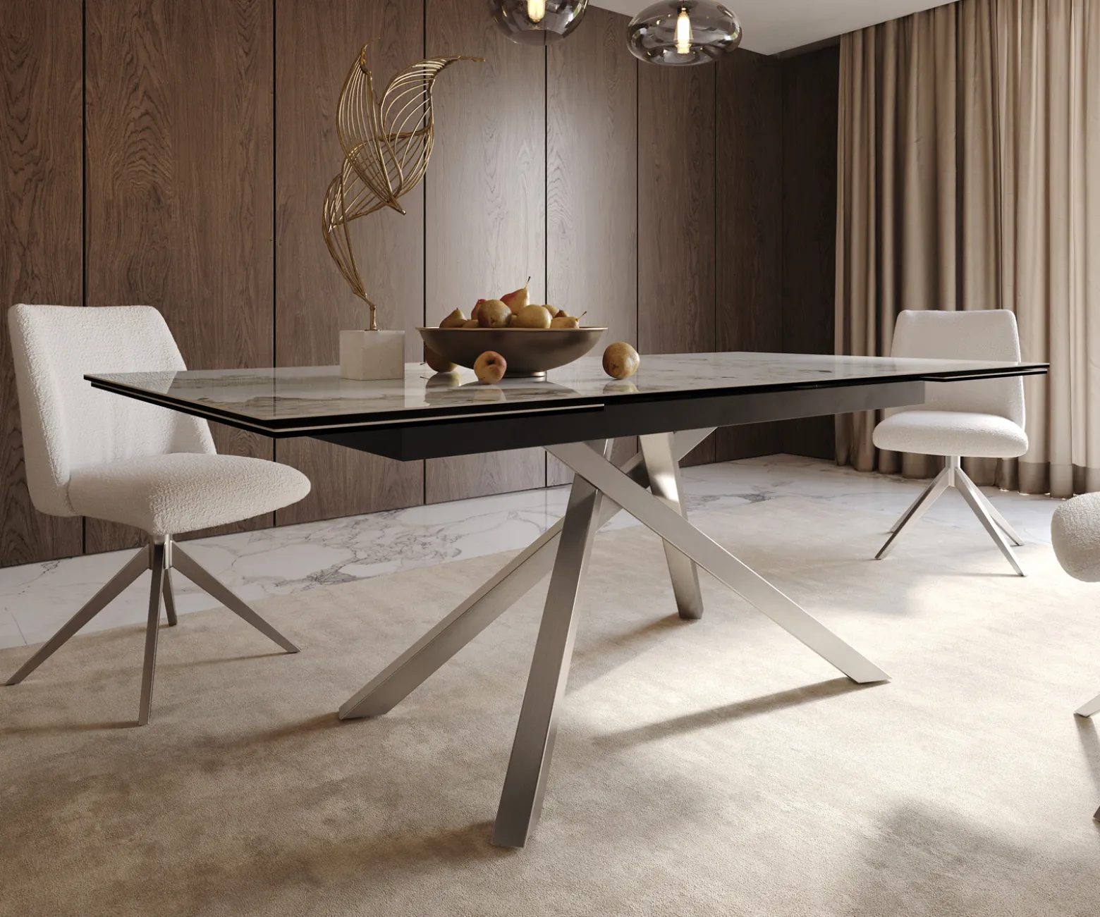 EsstischEdge 200-300x100 Keramik Minas Melange Weiß-Beige Kreuzgestell Rechteck Edelstahl ausziehbar Sofort versandfertig