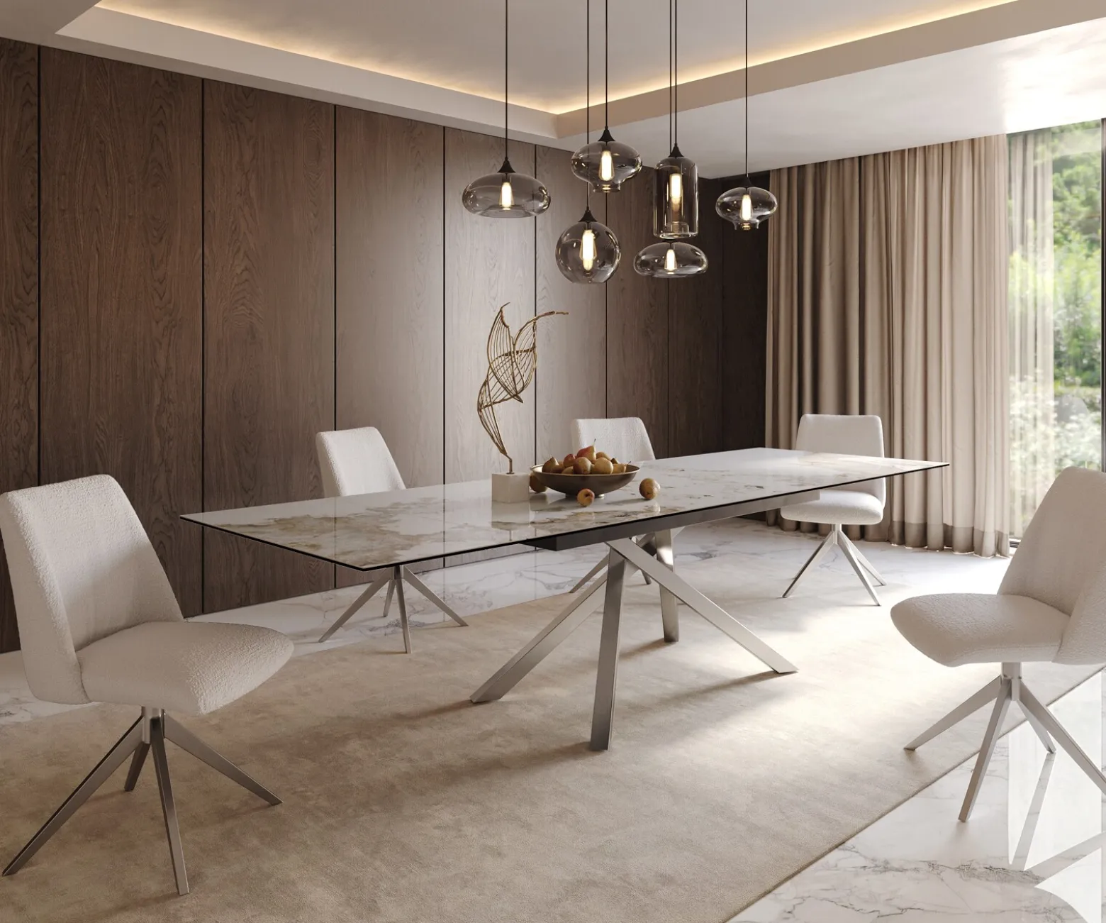 EsstischEdge 200-300x100 Keramik Minas Melange Weiß-Beige Kreuzgestell Rechteck Edelstahl ausziehbar Sofort versandfertig