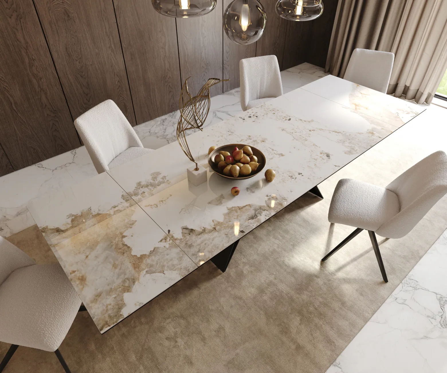 EsstischEdge 200-300x100 Keramik Minas Melange Weiß-Beige V-Gestell Flachstahl Schwarz ausziehbar Sofort versandfertig