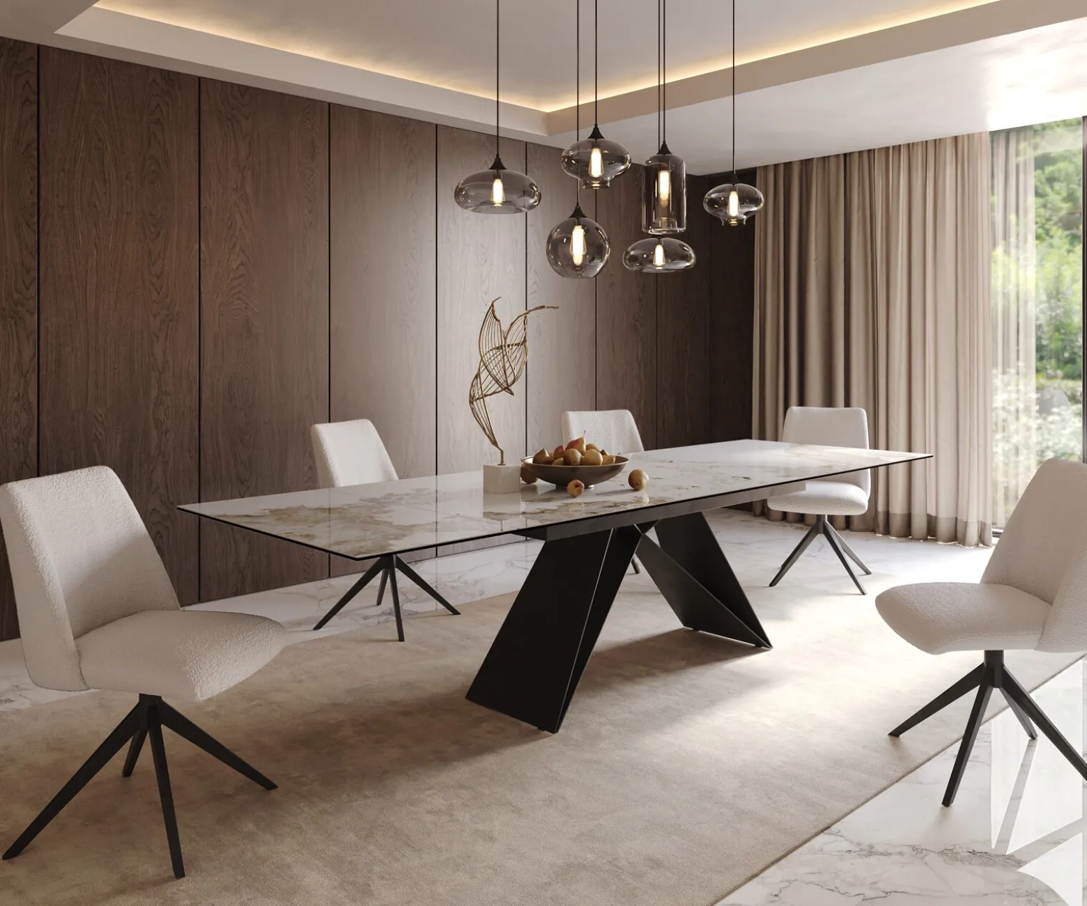 EsstischEdge 200-300x100 Keramik Minas Melange Weiß-Beige V-Gestell Flachstahl Schwarz ausziehbar Sofort versandfertig