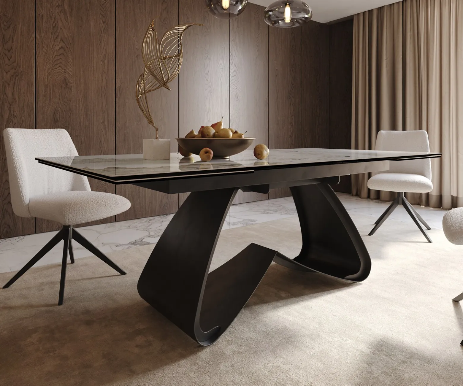 EsstischEdge 200-300x100 Keramik Minas Melange Weiß-Beige W-Gestell Schwarz ausziehbar Sofort versandfertig