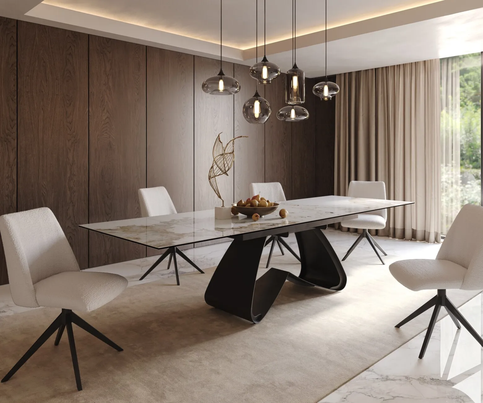 EsstischEdge 200-300x100 Keramik Minas Melange Weiß-Beige W-Gestell Schwarz ausziehbar Sofort versandfertig