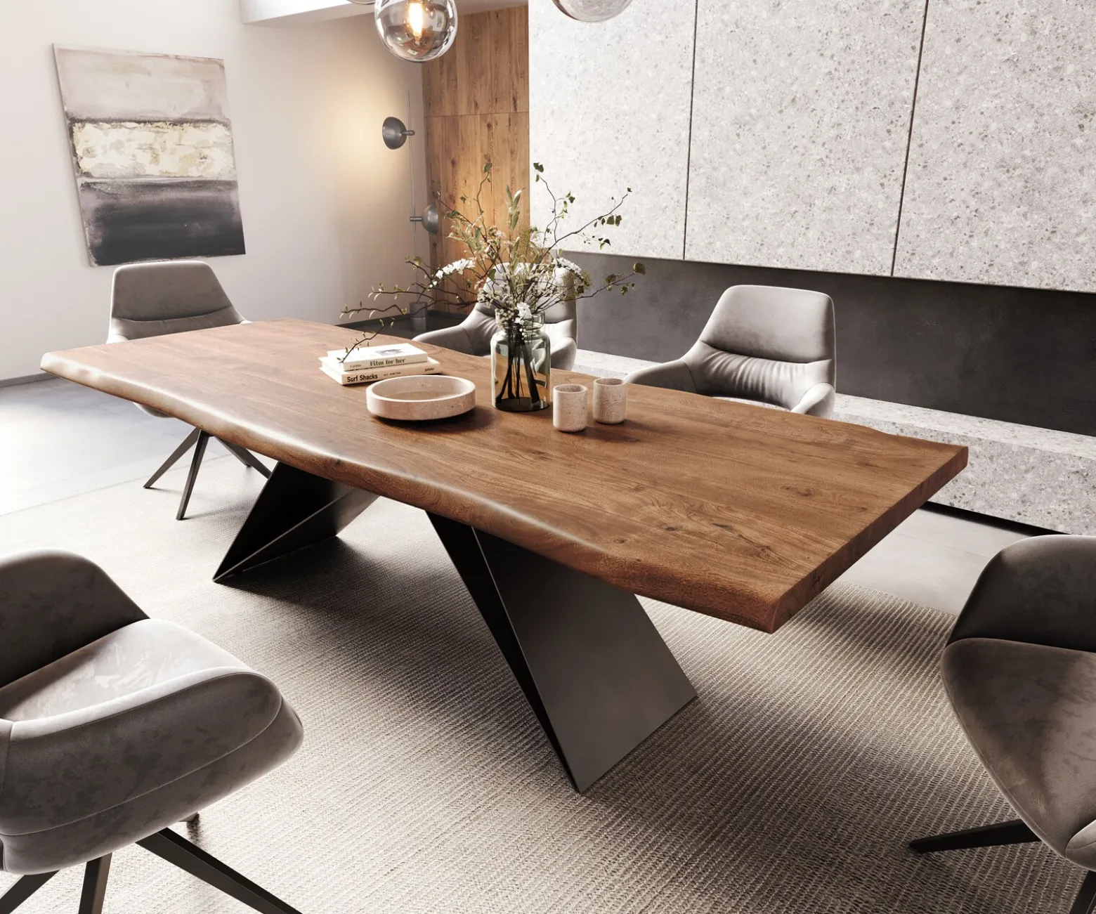 EsstischEdge 260x100 XL Akazie Braun V-Gestell Flachstahl Schwarz Live- Sofort versandfertig