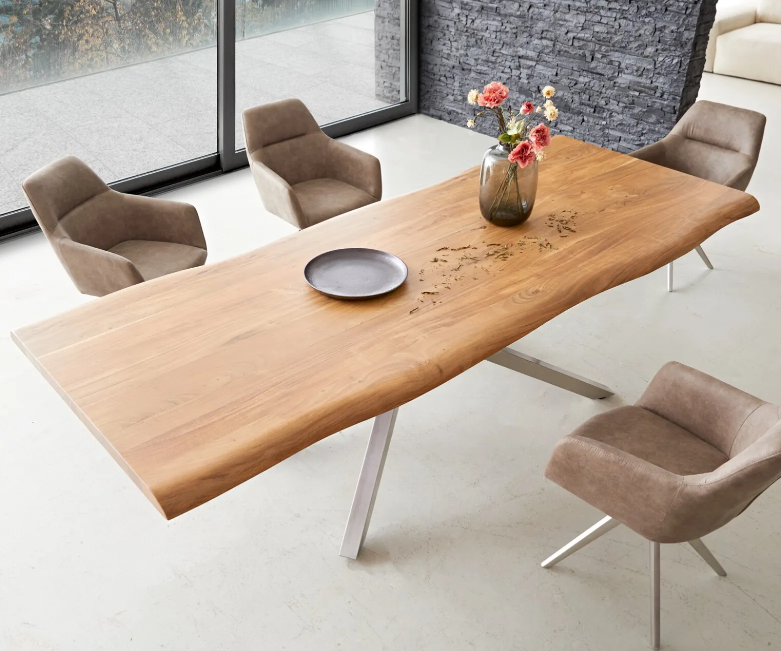 EsstischEdge 260x100 XL Akazie Natur Kreuzgestell Rechteck Edelstahl Live- Sofort versandfertig