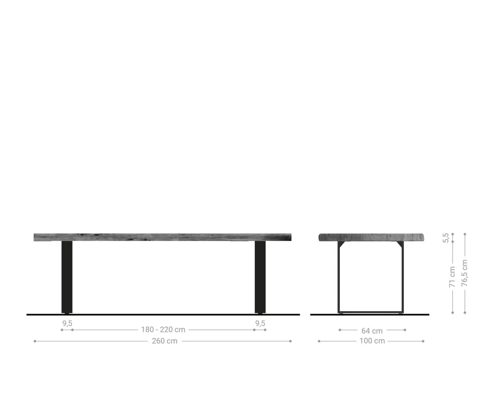 EsstischEdge 260x100 XL Akazie Platin Edelstahl Schmal Live- Sofort versandfertig