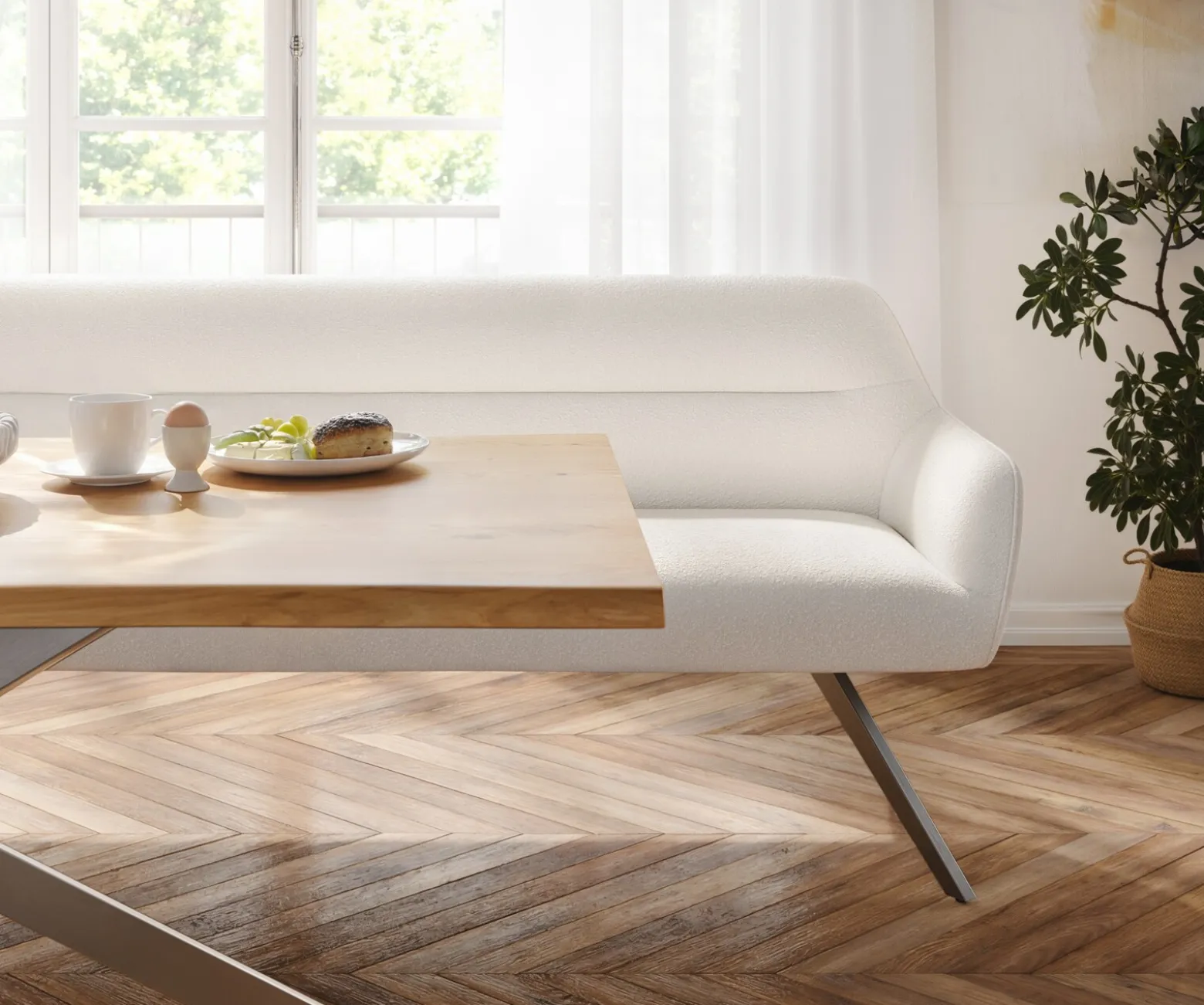 EsszimmerbankTaya-Flex 300 cm Bouclé Creme-Weiß Kreuzgestell kantig Graphit Taschenfederkern Sofort versandfertig