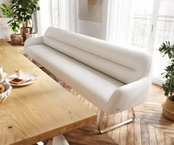 EsszimmerbankTaya-Flex 300 cm Bouclé Creme-Weiß Kufengestell flach Edelstahl Taschenfederkern Sofort versandfertig