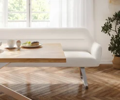 EsszimmerbankTaya-Flex 300 cm Bouclé Creme-Weiß Kufengestell flach Edelstahl Taschenfederkern Sofort versandfertig
