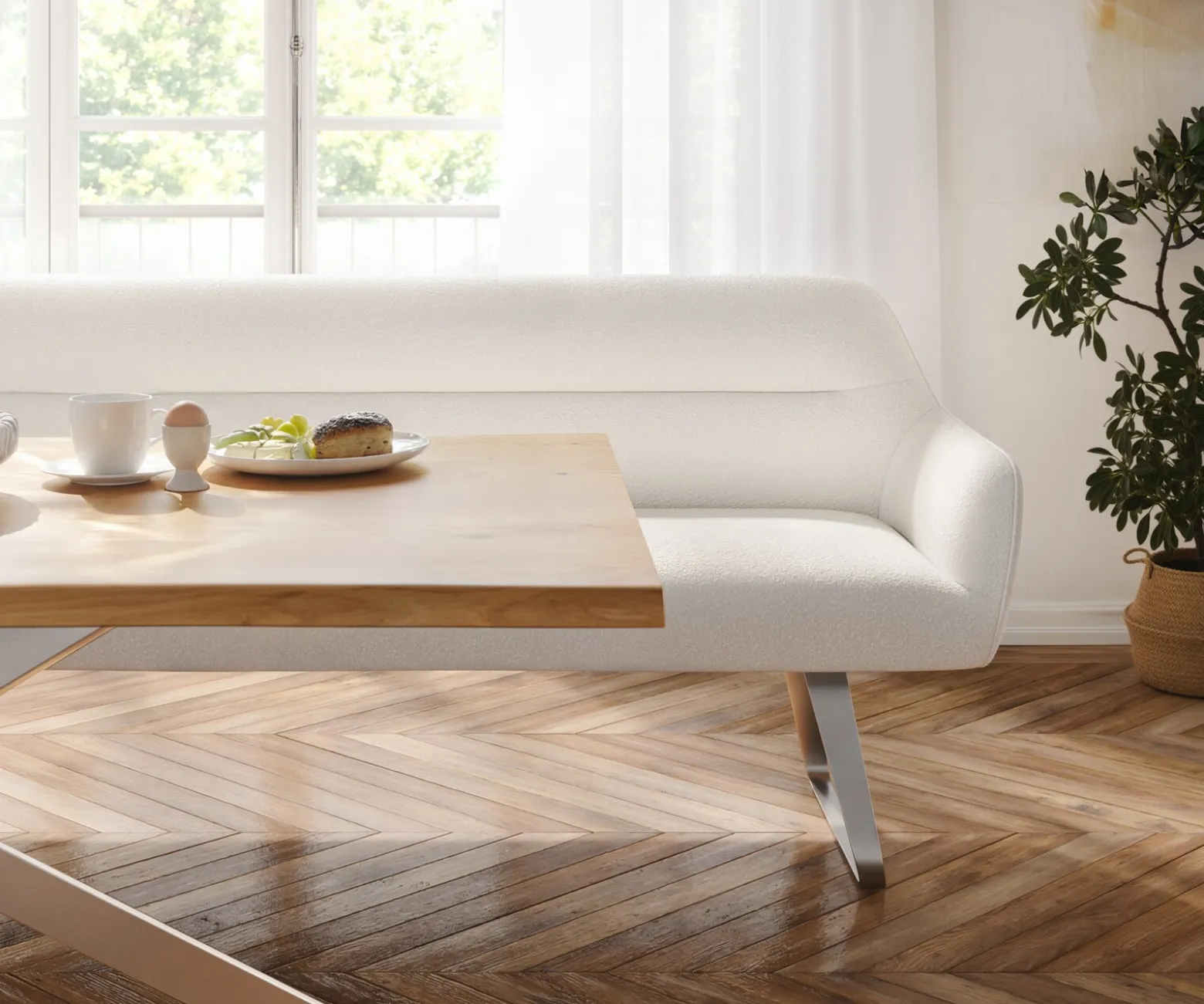 EsszimmerbankTaya-Flex 300 cm Bouclé Creme-Weiß Kufengestell flach Edelstahl Taschenfederkern Sofort versandfertig