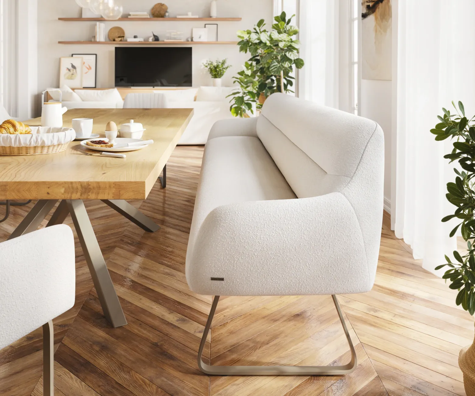 EsszimmerbankTaya-Flex 300 cm Bouclé Creme-Weiß Kufengestell flach Effektfinish Titan Taschenfederkern Sofort versandfertig
