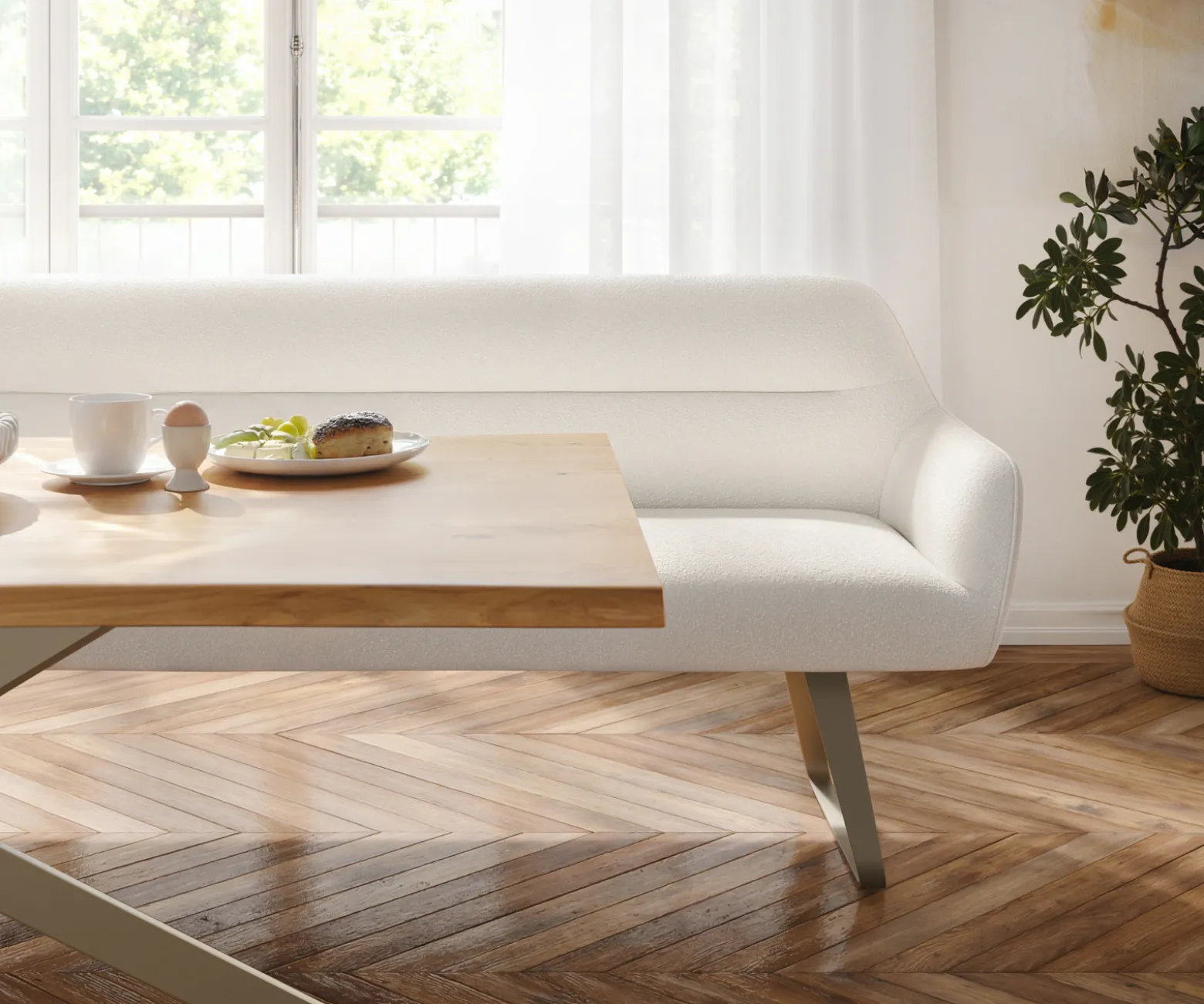 EsszimmerbankTaya-Flex 300 cm Bouclé Creme-Weiß Kufengestell flach Effektfinish Titan Taschenfederkern Sofort versandfertig