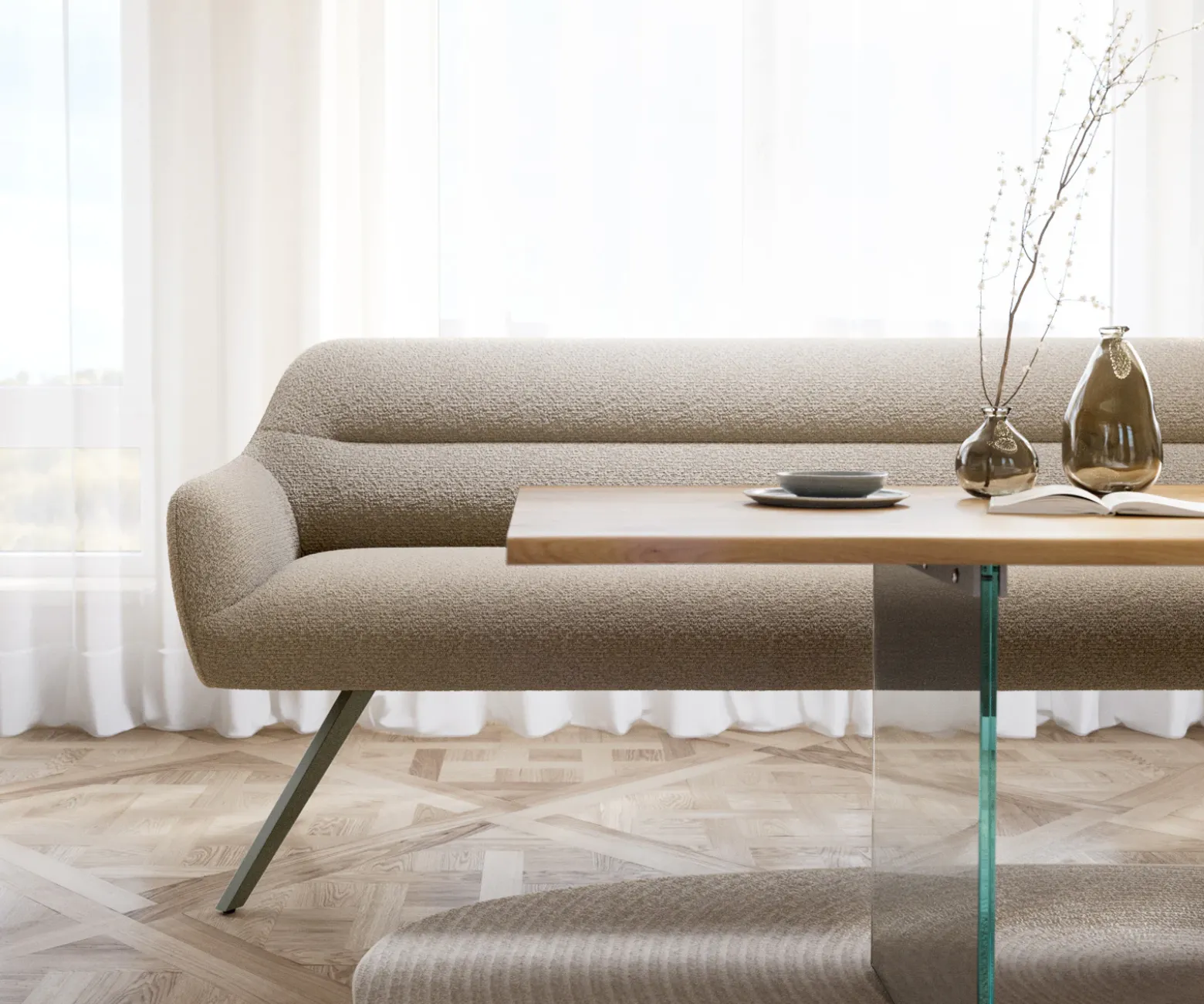 EsszimmerbankTaya-Flex 200 cm Bouclé Schlamm Kreuzgestell kantig Effektfinish Titan Taschenfederkern Sofort versandfertig