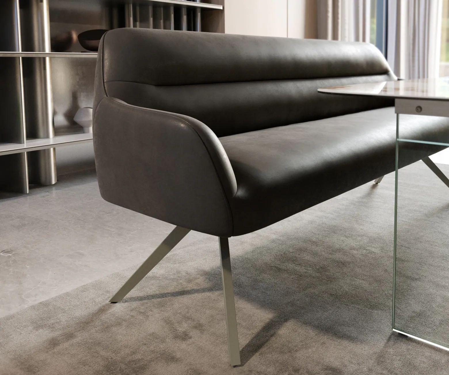 EsszimmerbankTaya-Flex 200 cm Mikrofaser Anthrazit Vintage Kreuzgestell kantig Effektfinish Titan Taschenfederkern Sofort versandfertig