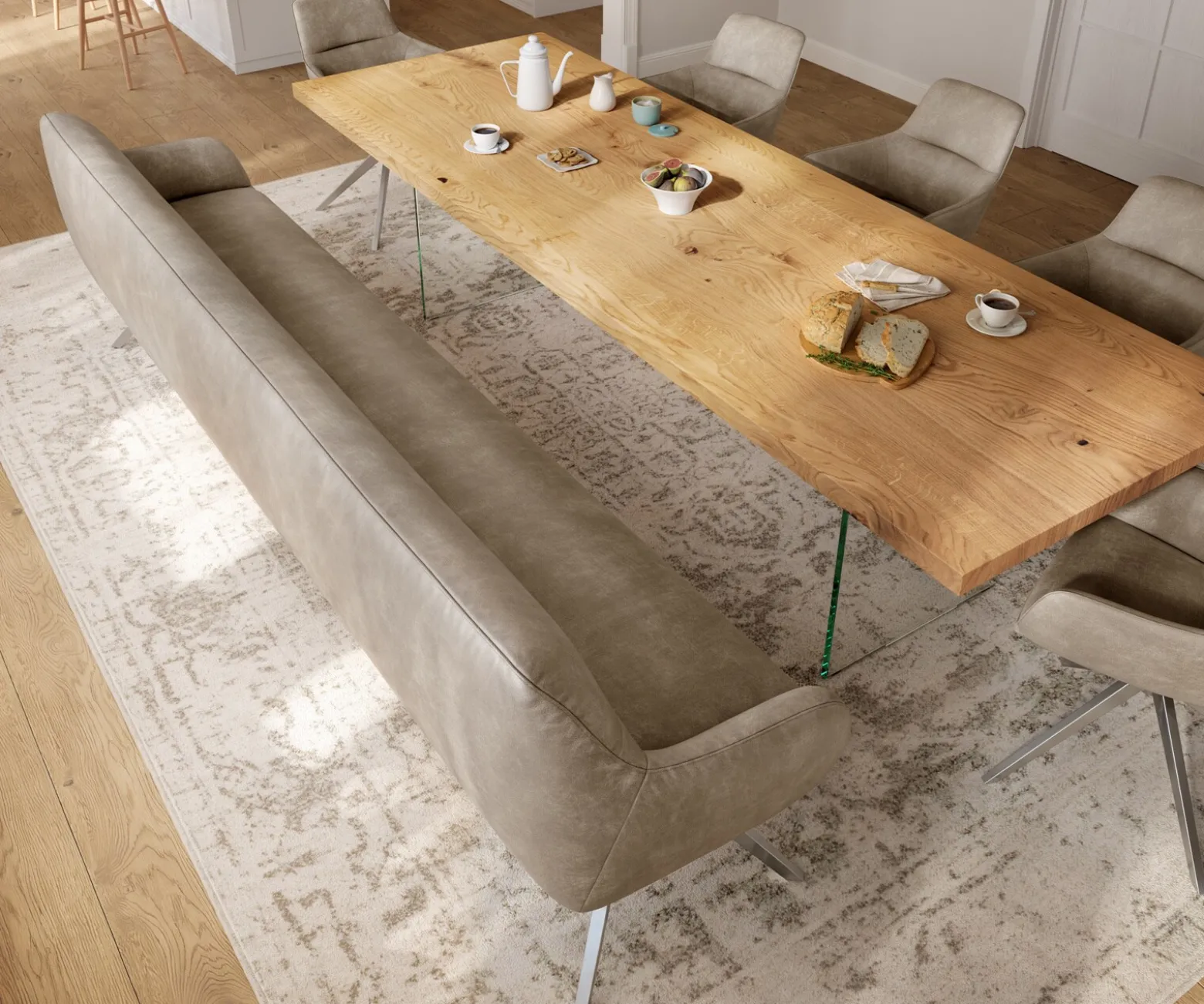 EsszimmerbankTaya-Flex 300 cm Mikrofaser Beige Vintage Kreuzgestell kantig Edelstahl Taschenfederkern Sofort versandfertig