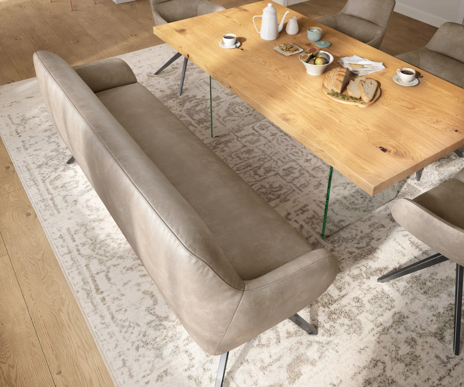 EsszimmerbankTaya-Flex 200 cm Mikrofaser Beige Vintage Kreuzgestell kantig Graphit Taschenfederkern Sofort versandfertig