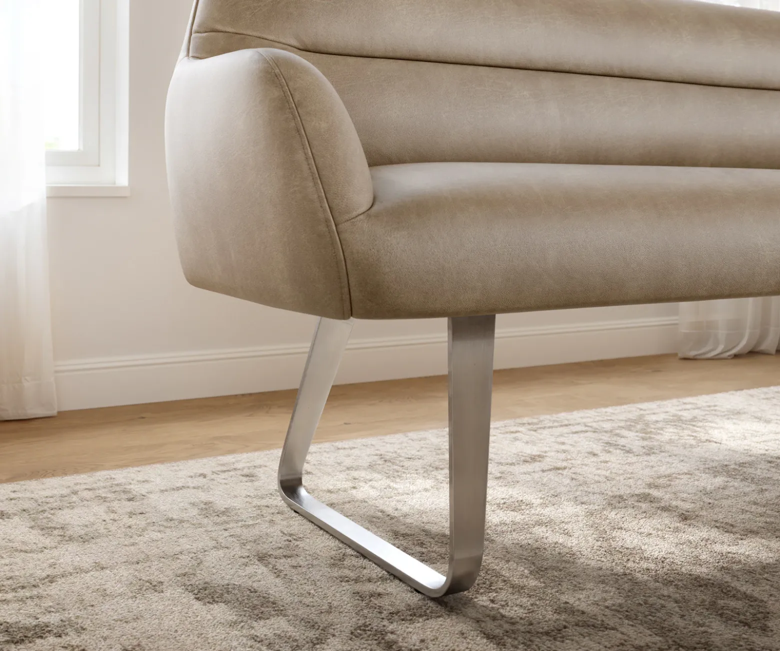 EsszimmerbankTaya-Flex 200 cm Mikrofaser Beige Vintage Kufengestell flach Edelstahl Taschenfederkern Sofort versandfertig