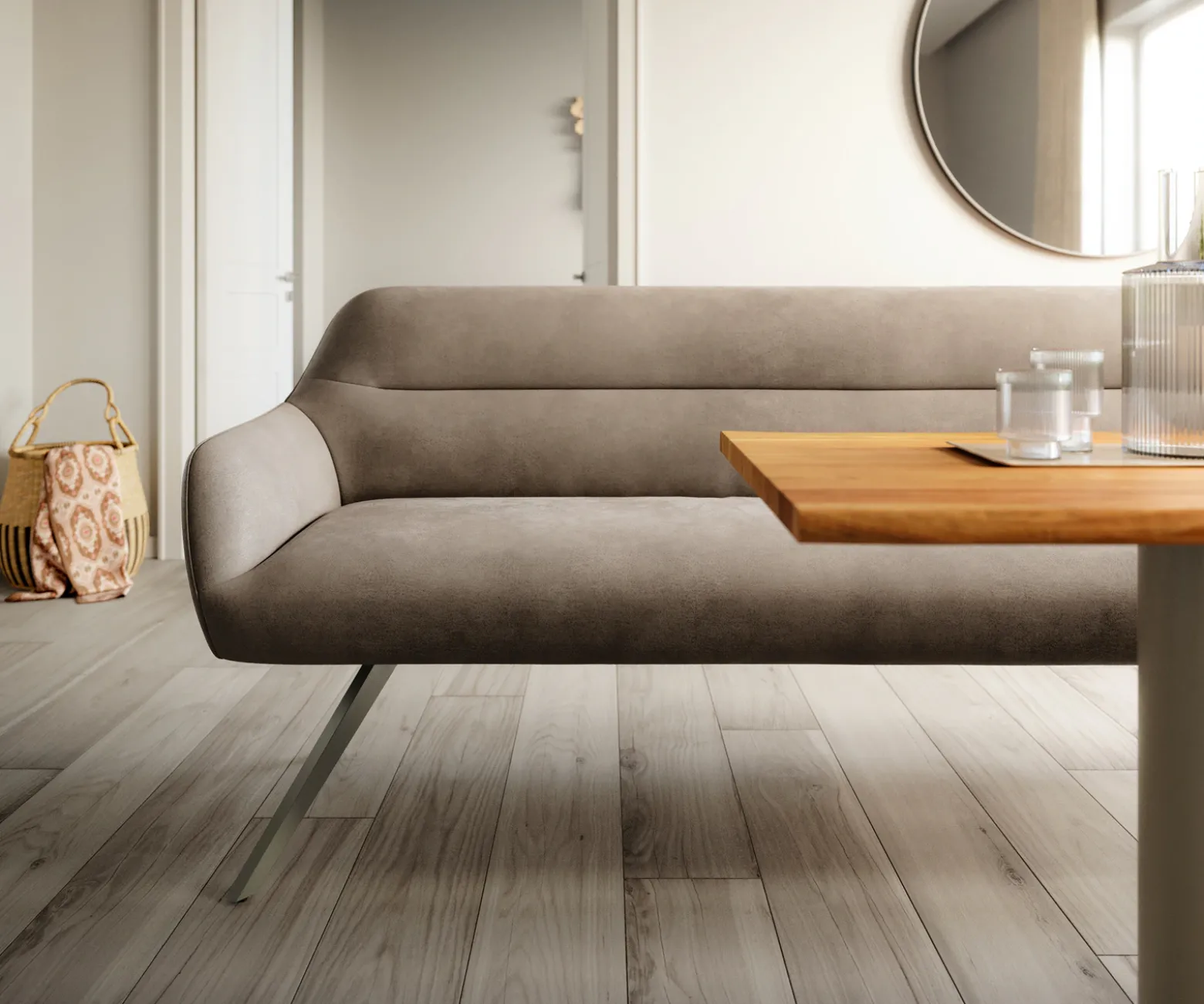 EsszimmerbankTaya-Flex 200 cm Mikrofaser Taupe Vintage Kreuzgestell kantig Effektfinish Titan Taschenfederkern Versandfertig ca. 28.10.26