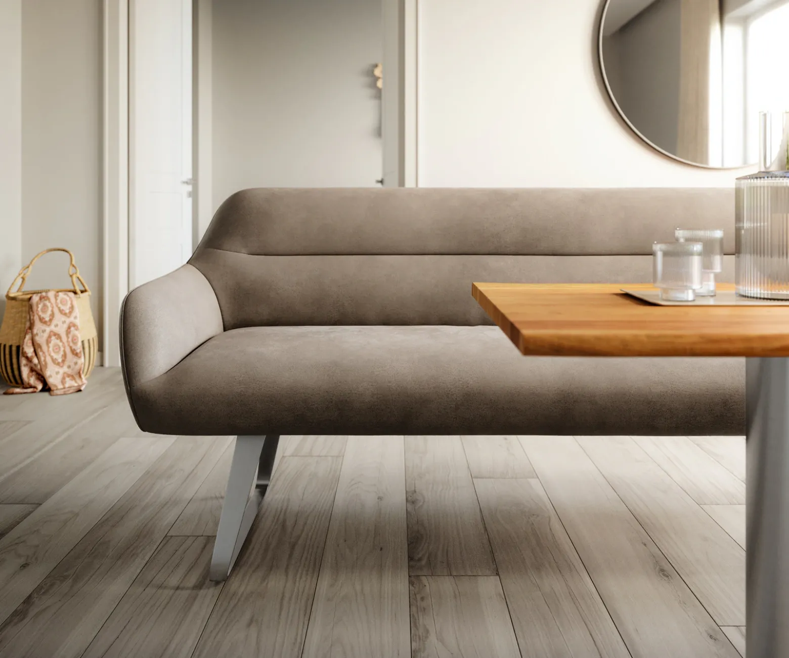 EsszimmerbankTaya-Flex 200 cm Mikrofaser Taupe Vintage Kufengestell flach Edelstahl Taschenfederkern Versandfertig ca. 28.10.26