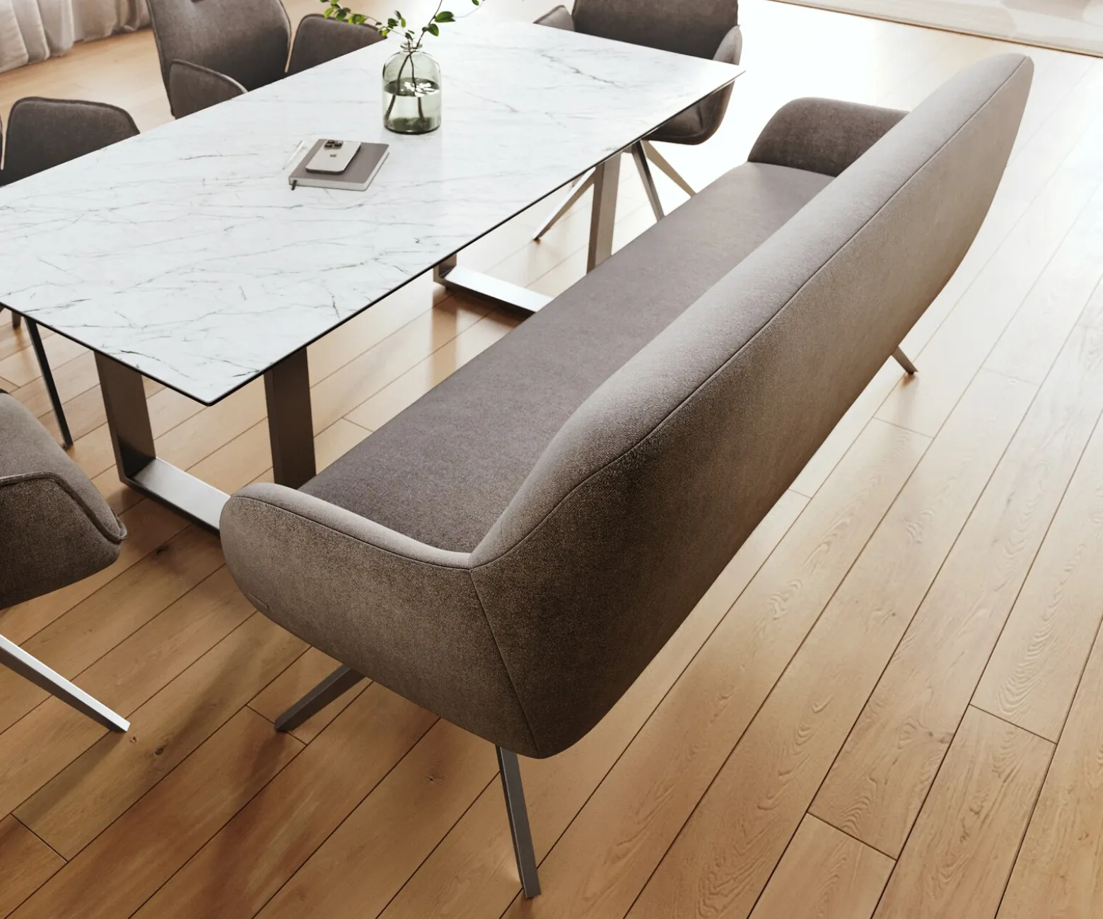EsszimmerbankTaya-Flex 200 cm Strukturstoff Soft Taupe Kreuzgestell kantig Graphit Taschenfederkern Sofort versandfertig