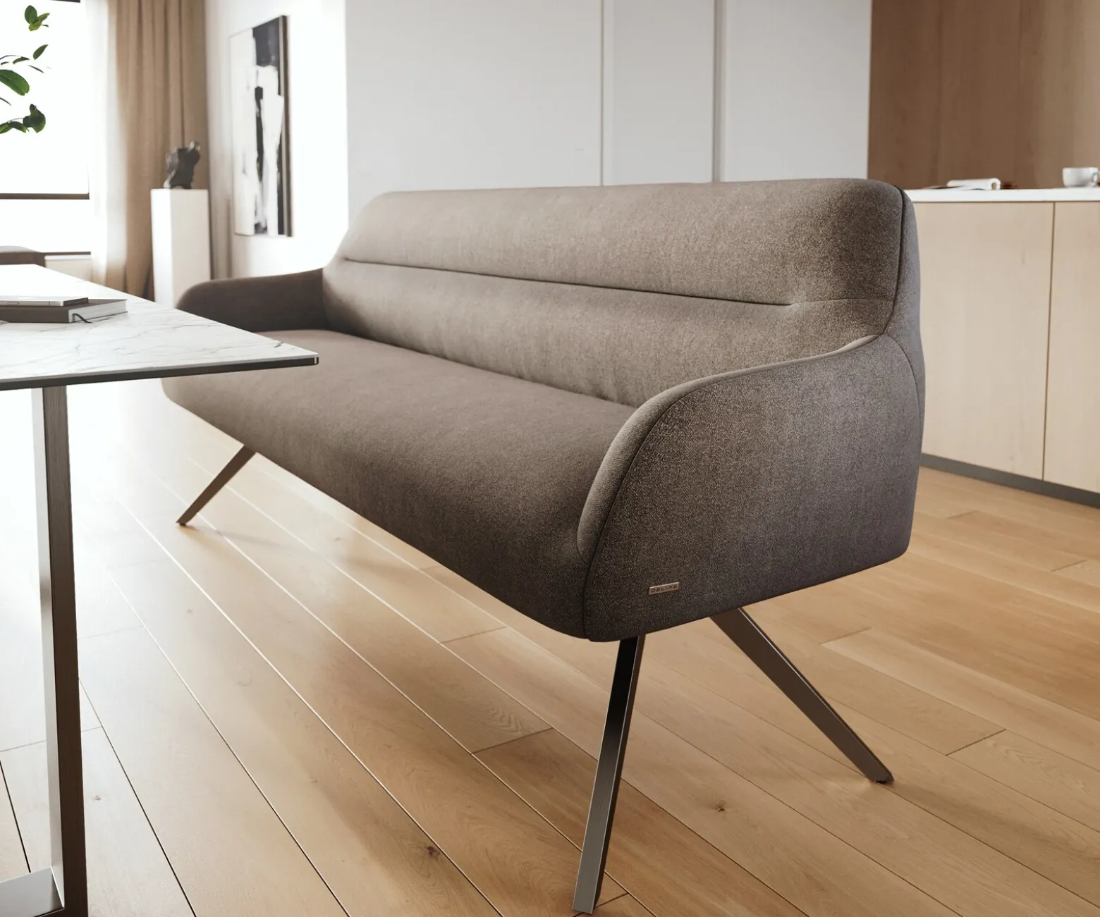 EsszimmerbankTaya-Flex 200 cm Strukturstoff Soft Taupe Kreuzgestell kantig Graphit Taschenfederkern Sofort versandfertig
