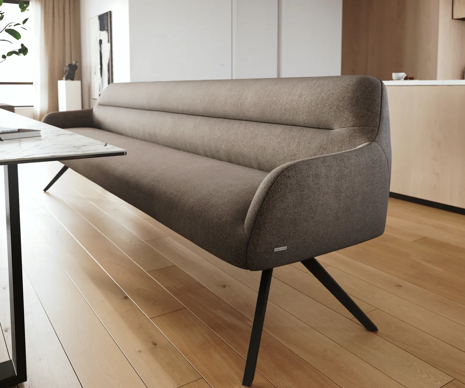EsszimmerbankTaya-Flex 300 cm Strukturstoff Soft Taupe Kreuzgestell kantig Schwarz Taschenfederkern Sofort versandfertig