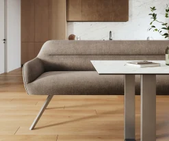 EsszimmerbankTaya-Flex 200 cm Strukturstoff Soft Taupe Kreuzgestell kantig Edelstahl Taschenfederkern Sofort versandfertig