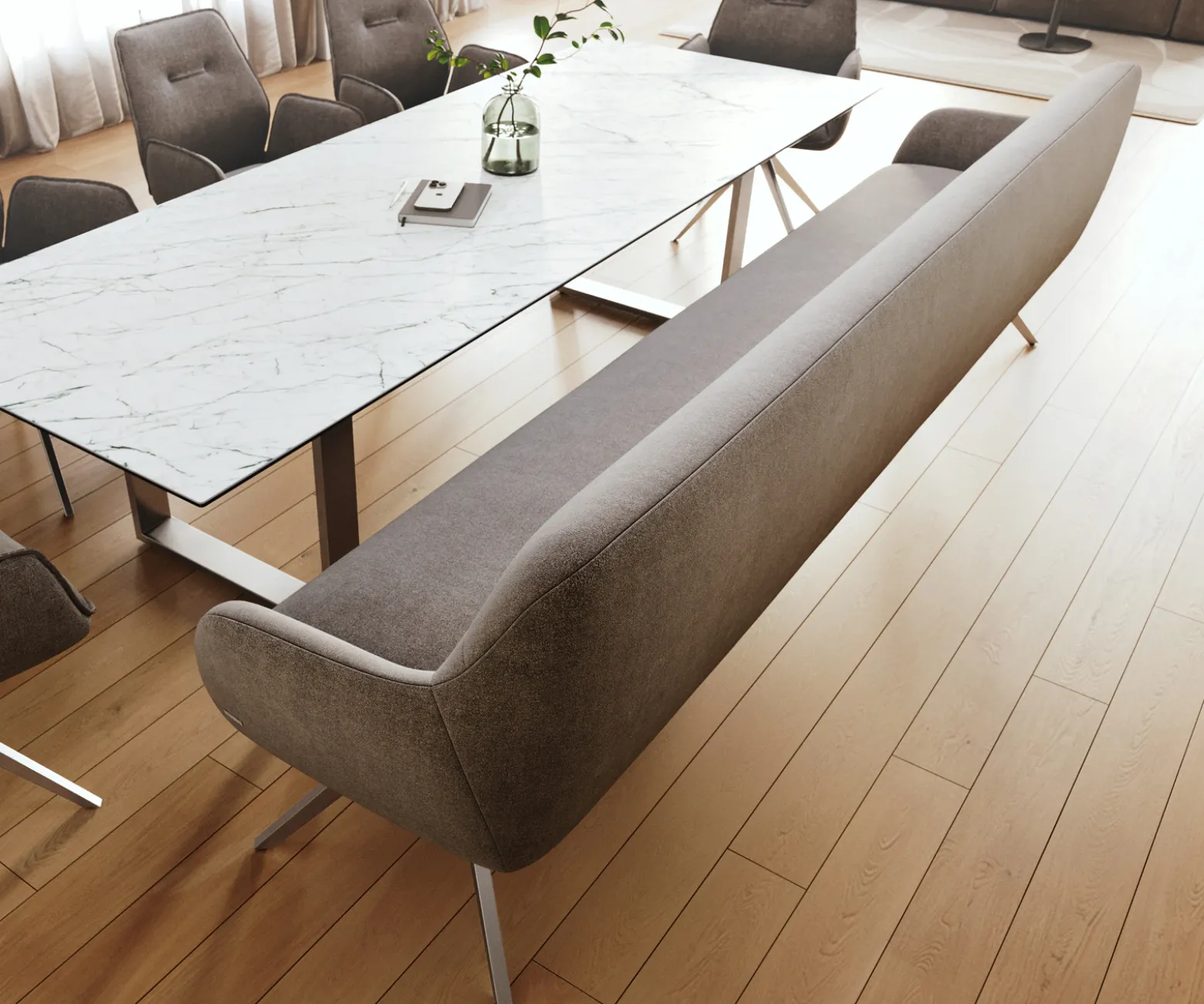 EsszimmerbankTaya-Flex 300 cm Strukturstoff Soft Taupe Kreuzgestell kantig Edelstahl Taschenfederkern Sofort versandfertig