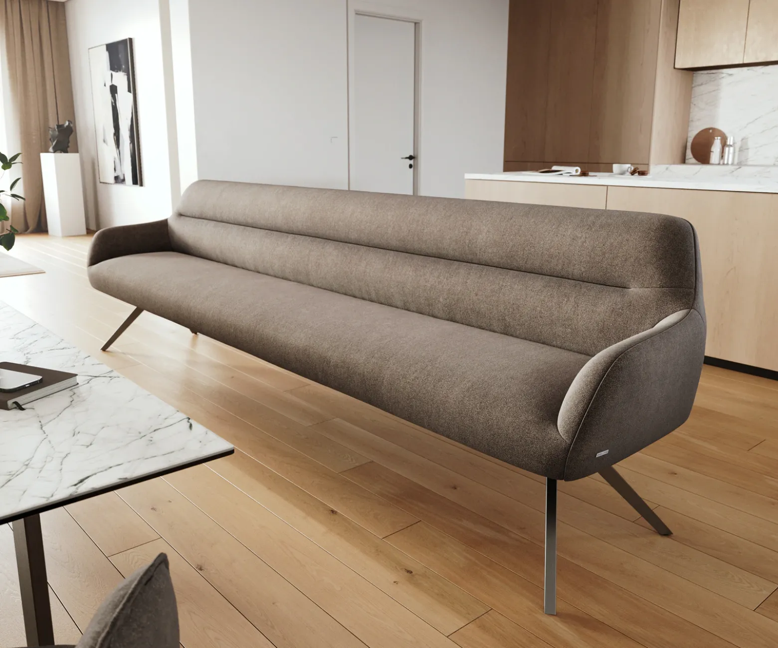 EsszimmerbankTaya-Flex 300 cm Strukturstoff Soft Taupe Kreuzgestell kantig Graphit Taschenfederkern Sofort versandfertig