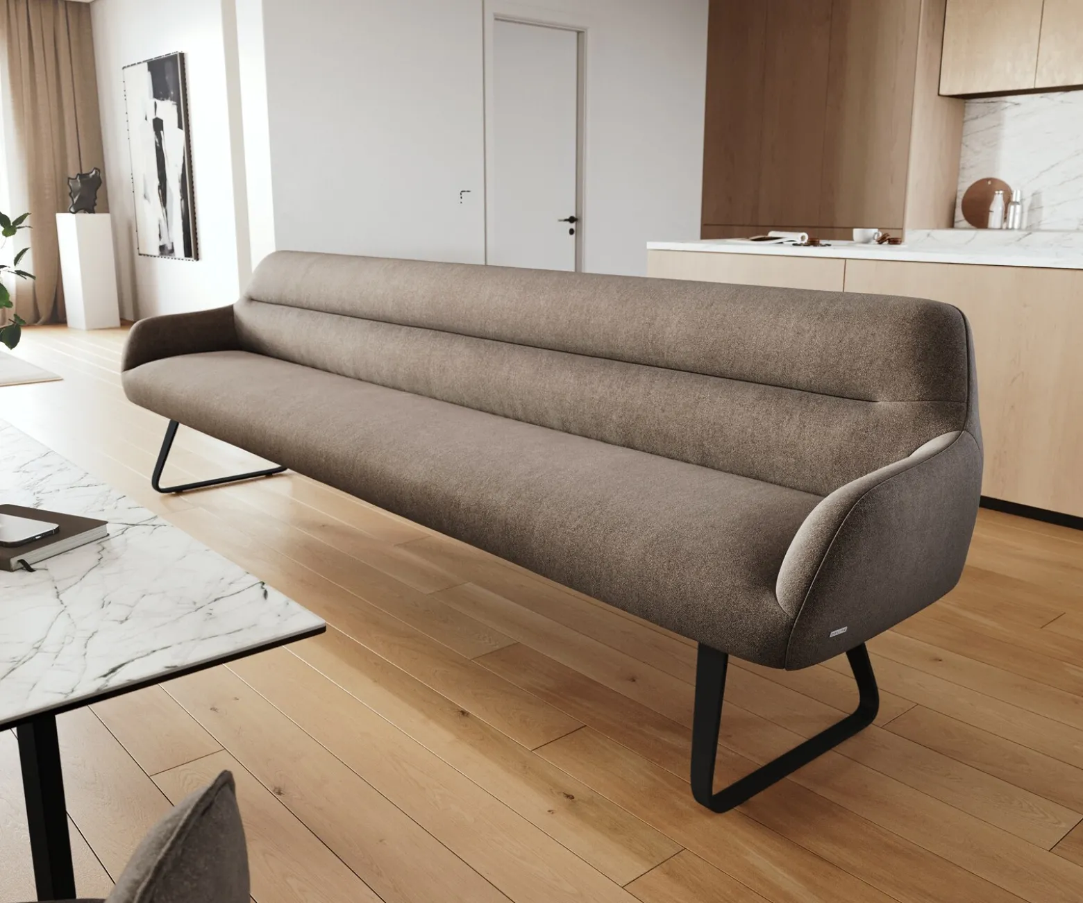 EsszimmerbankTaya-Flex 300 cm Strukturstoff Soft Taupe Kufengestell flach Schwarz Taschenfederkern Sofort versandfertig