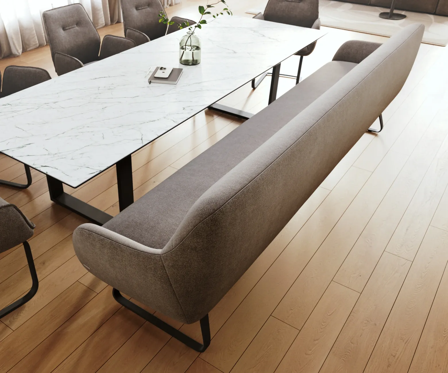 EsszimmerbankTaya-Flex 300 cm Strukturstoff Soft Taupe Kufengestell flach Schwarz Taschenfederkern Sofort versandfertig