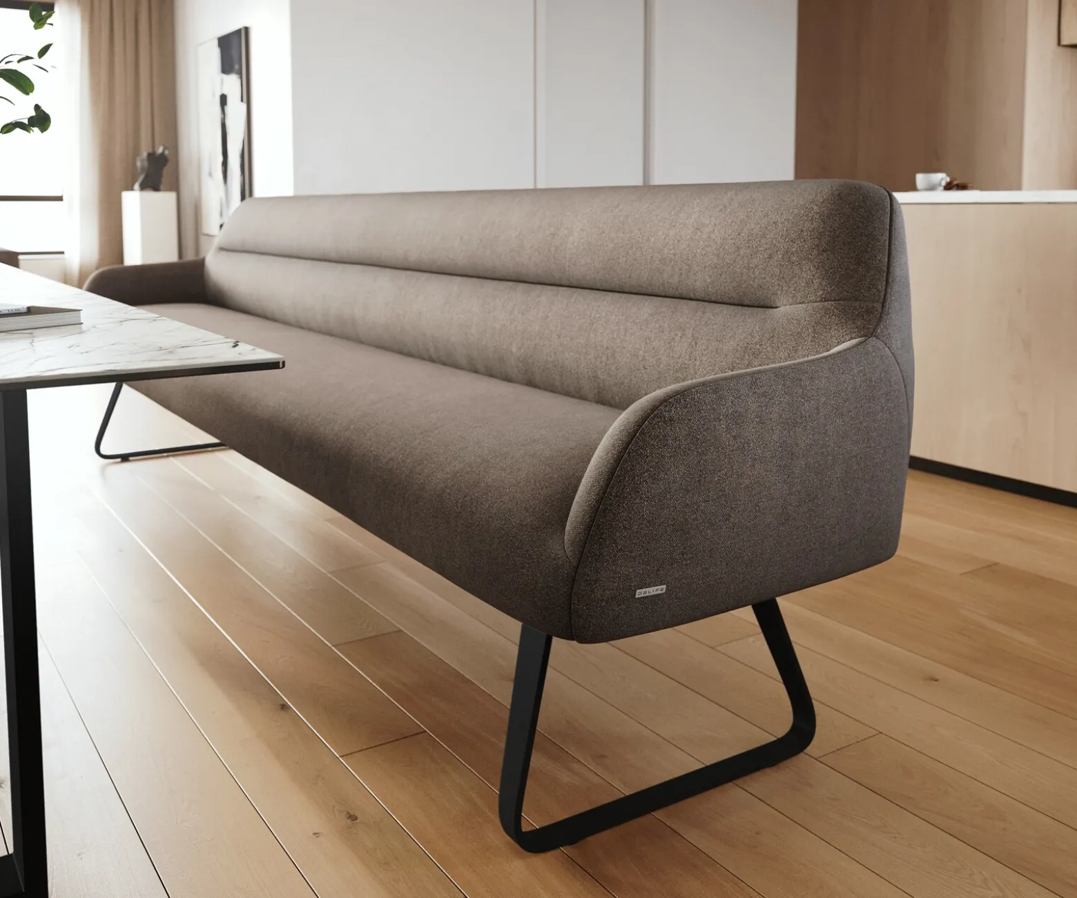 EsszimmerbankTaya-Flex 300 cm Strukturstoff Soft Taupe Kufengestell flach Schwarz Taschenfederkern Sofort versandfertig