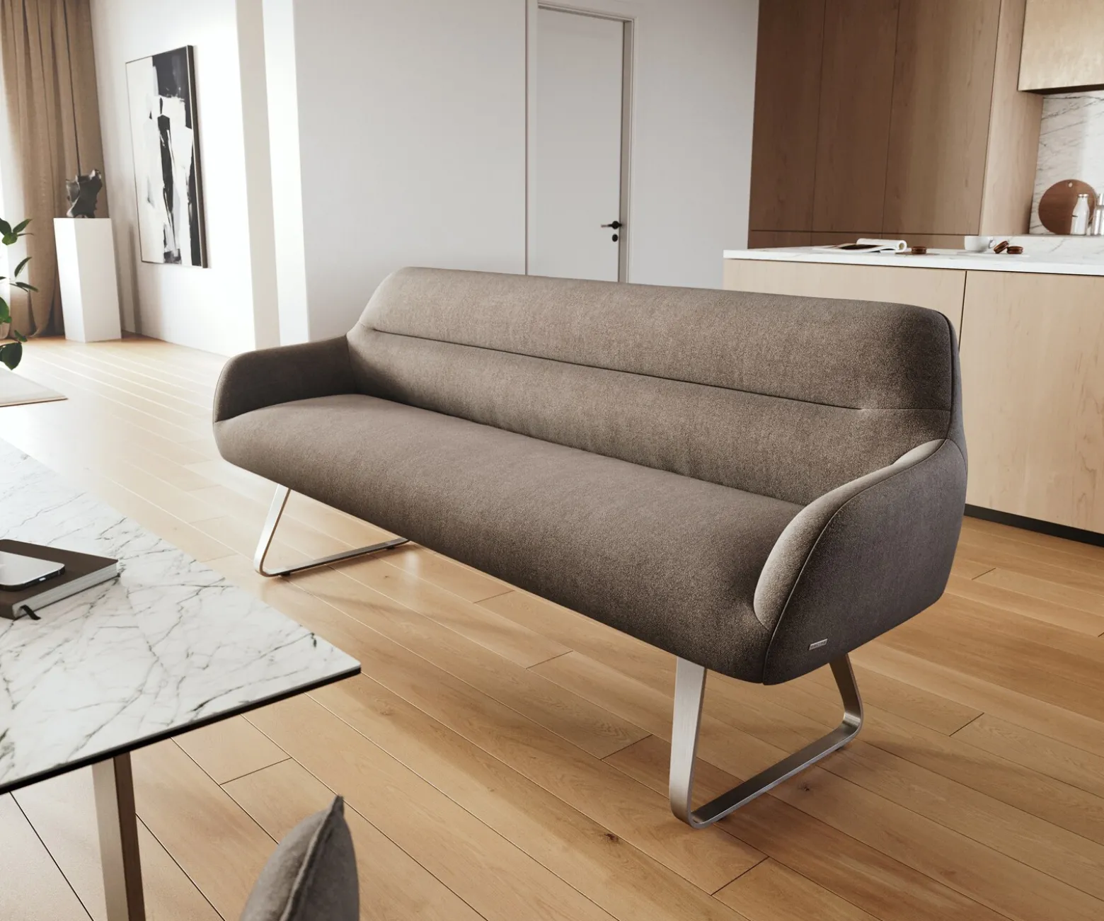 EsszimmerbankTaya-Flex 200 cm Strukturstoff Soft Taupe Kufengestell flach Edelstahl Taschenfederkern Sofort versandfertig