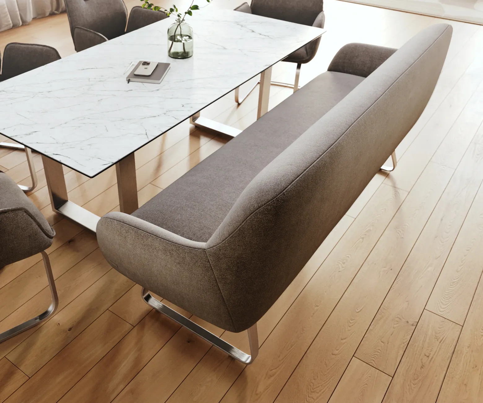 EsszimmerbankTaya-Flex 200 cm Strukturstoff Soft Taupe Kufengestell flach Edelstahl Taschenfederkern Sofort versandfertig