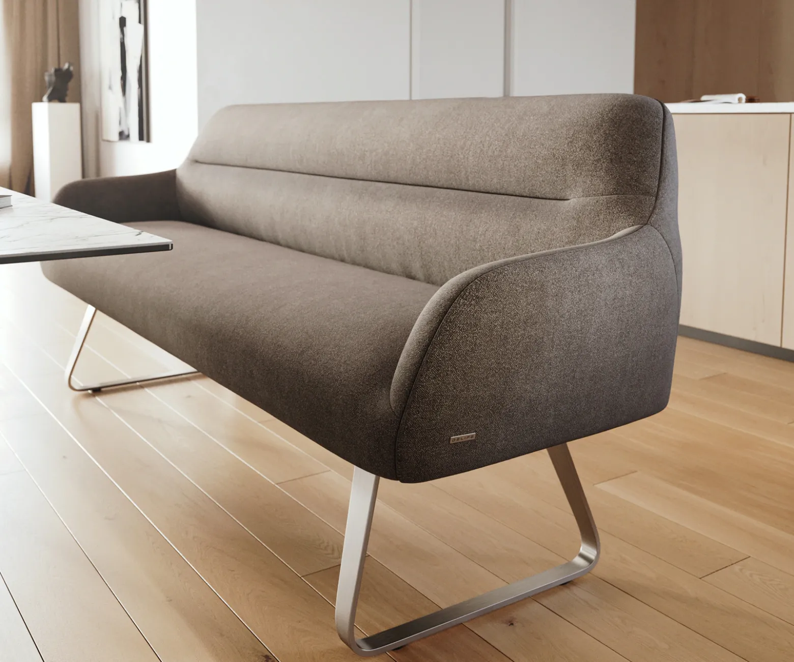 EsszimmerbankTaya-Flex 200 cm Strukturstoff Soft Taupe Kufengestell flach Edelstahl Taschenfederkern Sofort versandfertig
