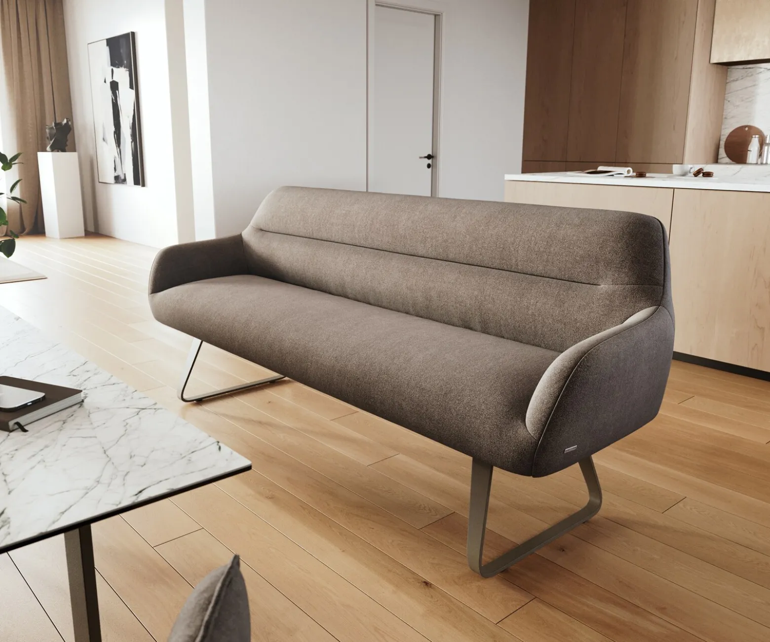 EsszimmerbankTaya-Flex 200 cm Strukturstoff Soft Taupe Kufengestell flach Effektfinish Titan Taschenfederkern Sofort versandfertig