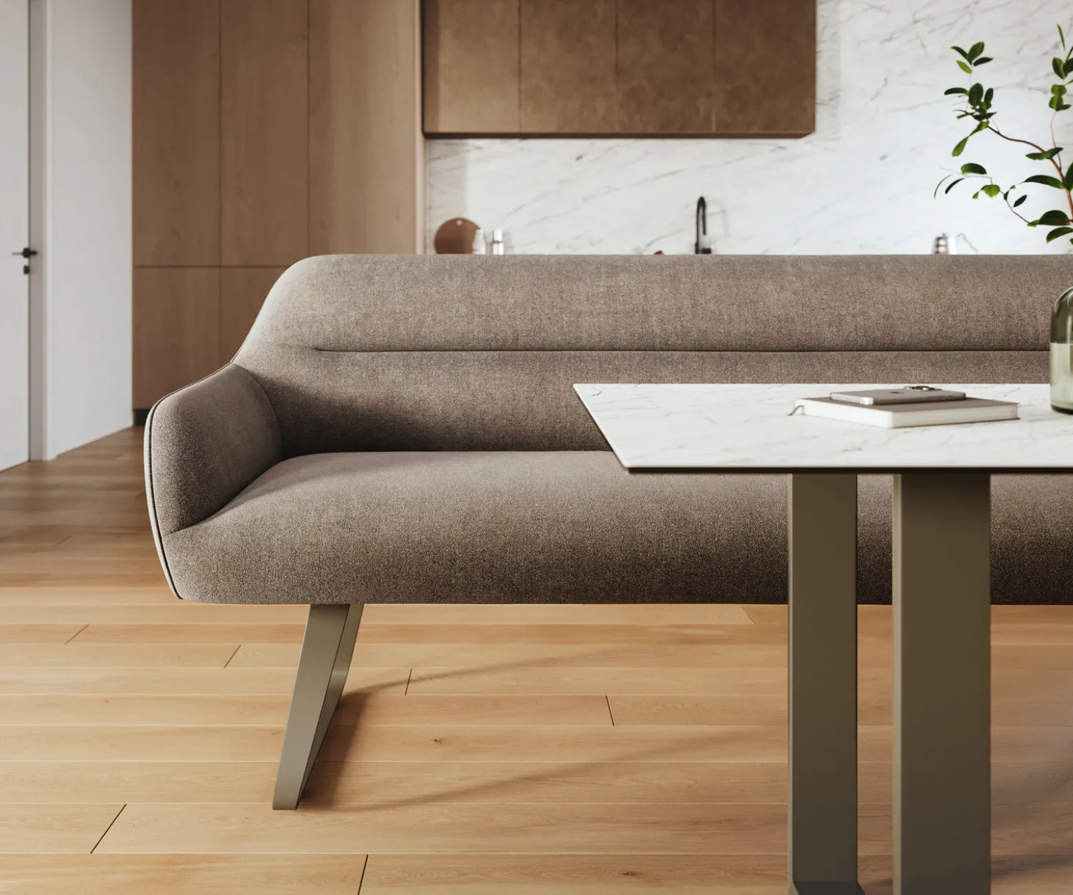 EsszimmerbankTaya-Flex 200 cm Strukturstoff Soft Taupe Kufengestell flach Effektfinish Titan Taschenfederkern Sofort versandfertig