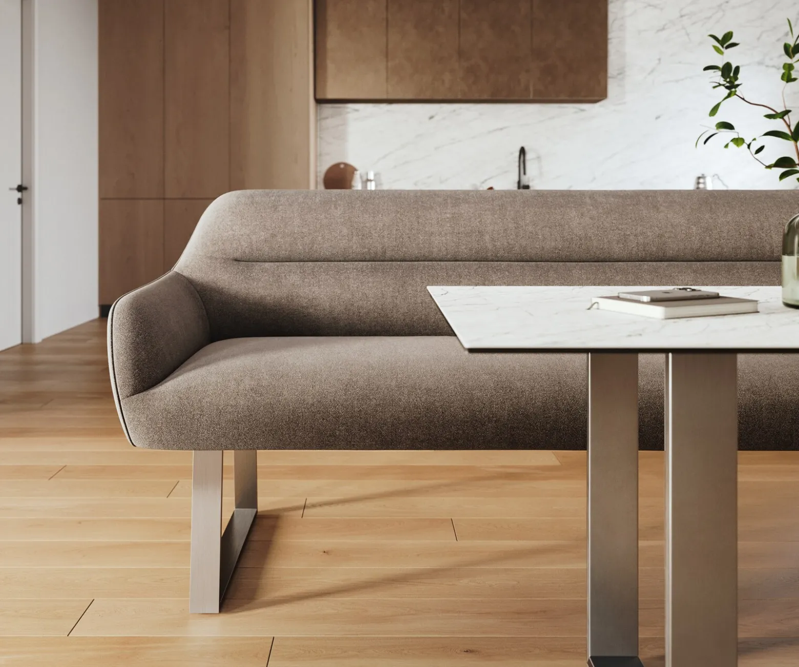 EsszimmerbankTaya-Flex 200 cm Strukturstoff Soft Taupe Kufengestell kantig Edelstahl Taschenfederkern Versandfertig ca. 12.02.27