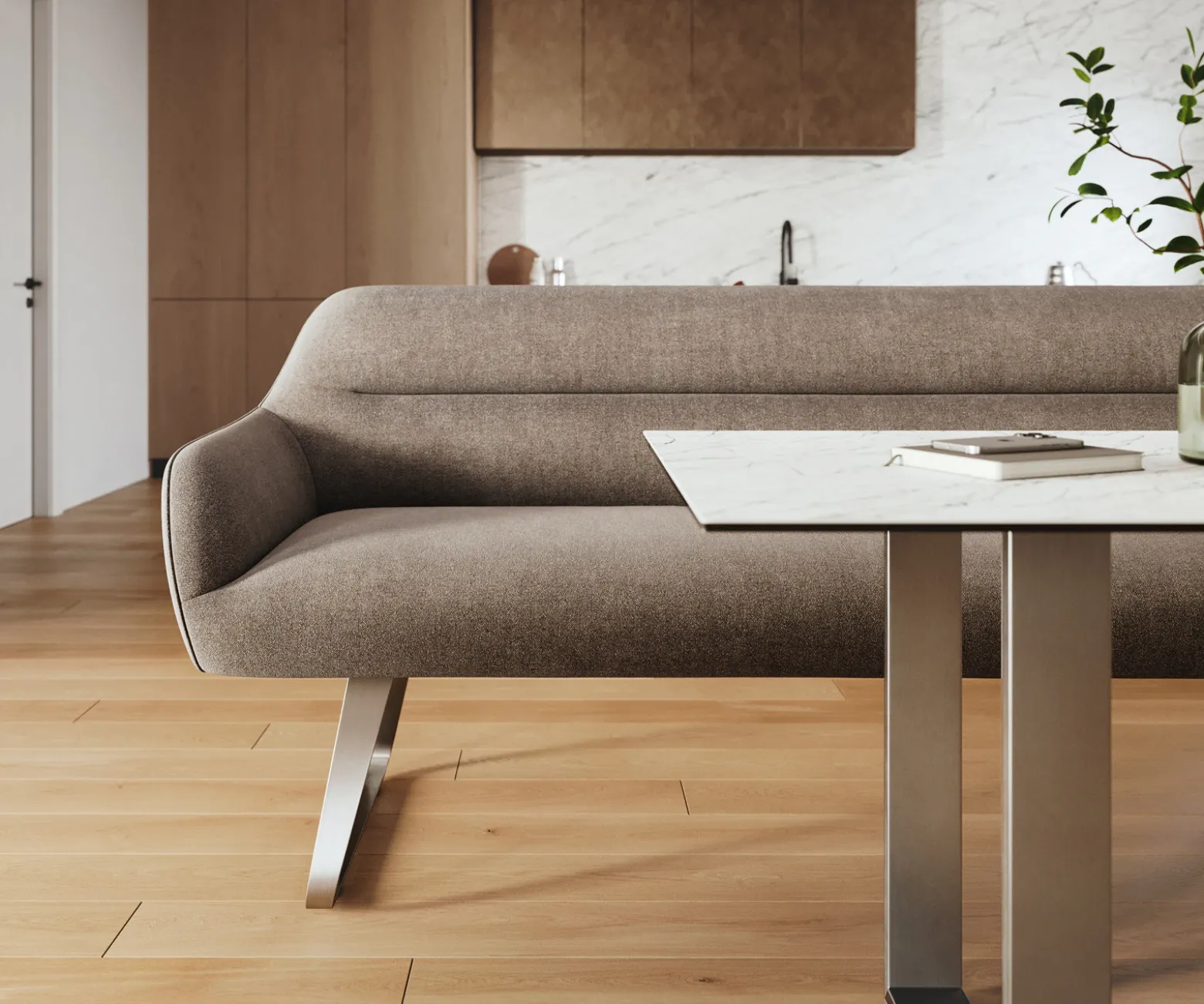 EsszimmerbankTaya-Flex 300 cm Strukturstoff Soft Taupe Kufengestell flach Edelstahl Taschenfederkern Sofort versandfertig