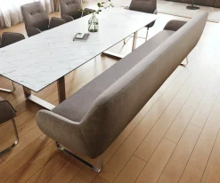 EsszimmerbankTaya-Flex 300 cm Strukturstoff Soft Taupe Kufengestell flach Edelstahl Taschenfederkern Sofort versandfertig