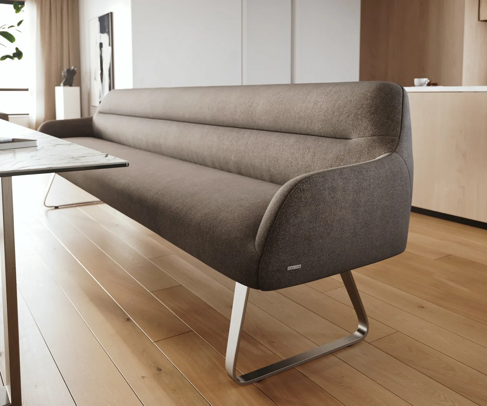 EsszimmerbankTaya-Flex 300 cm Strukturstoff Soft Taupe Kufengestell flach Edelstahl Taschenfederkern Sofort versandfertig
