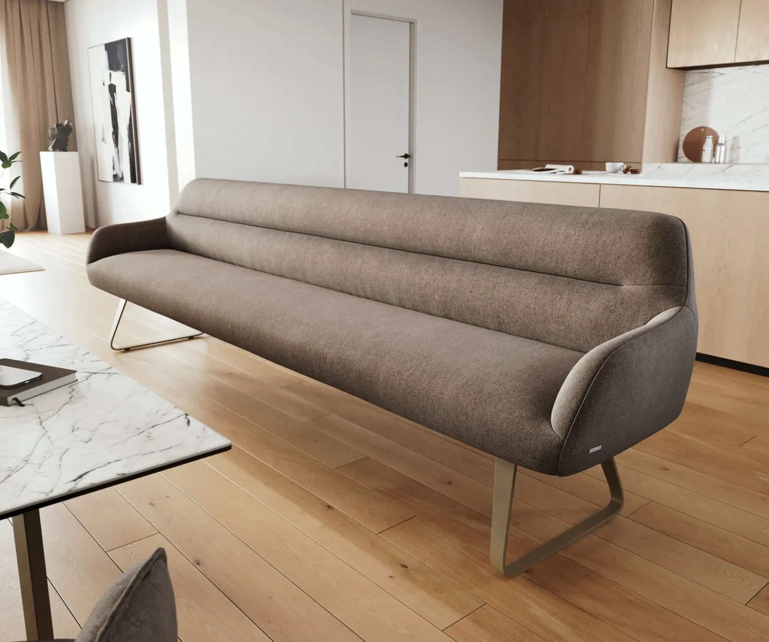 EsszimmerbankTaya-Flex 300 cm Strukturstoff Soft Taupe Kufengestell flach Effektfinish Titan Taschenfederkern Sofort versandfertig