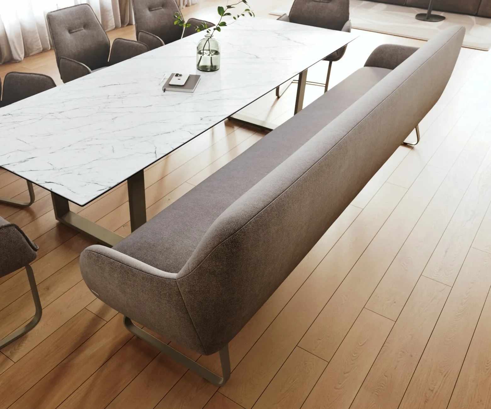 EsszimmerbankTaya-Flex 300 cm Strukturstoff Soft Taupe Kufengestell flach Effektfinish Titan Taschenfederkern Sofort versandfertig