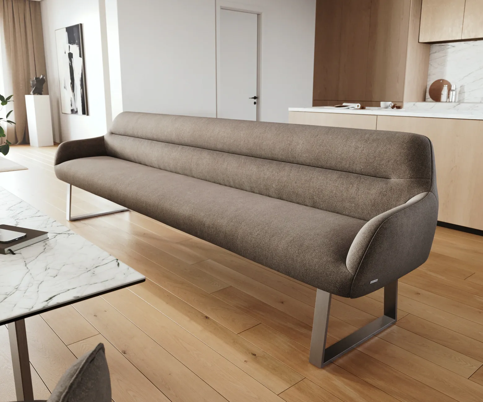 EsszimmerbankTaya-Flex 300 cm Strukturstoff Soft Taupe Kufengestell kantig Edelstahl Taschenfederkern Versandfertig ca. 12.02.27