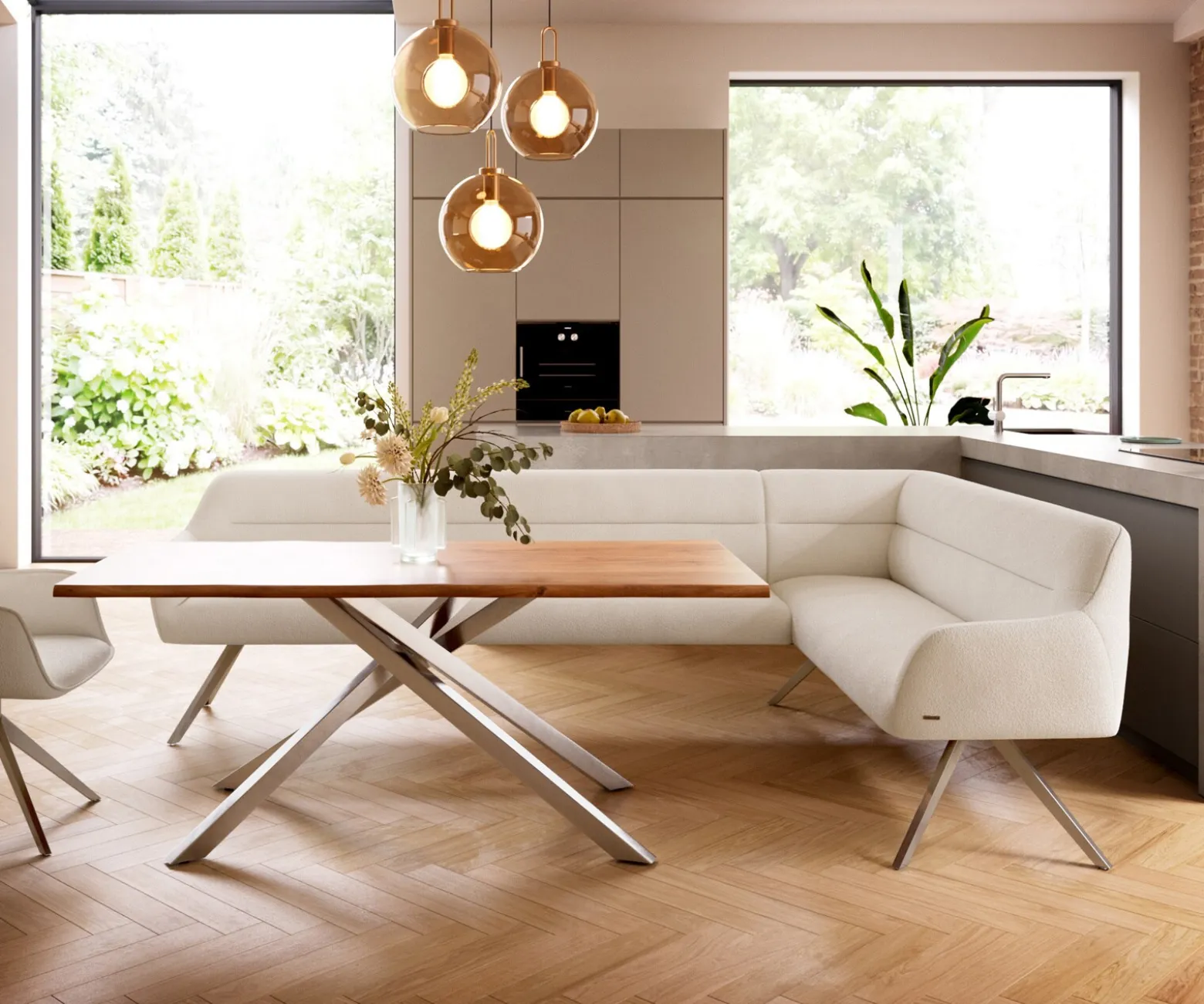 EsszimmerbankTaya-Flex 285x190 cm Bouclé Creme-Weiß Kreuzgestell kantig Edelstahl Taschenfederkern Rechts Sofort versandfertig