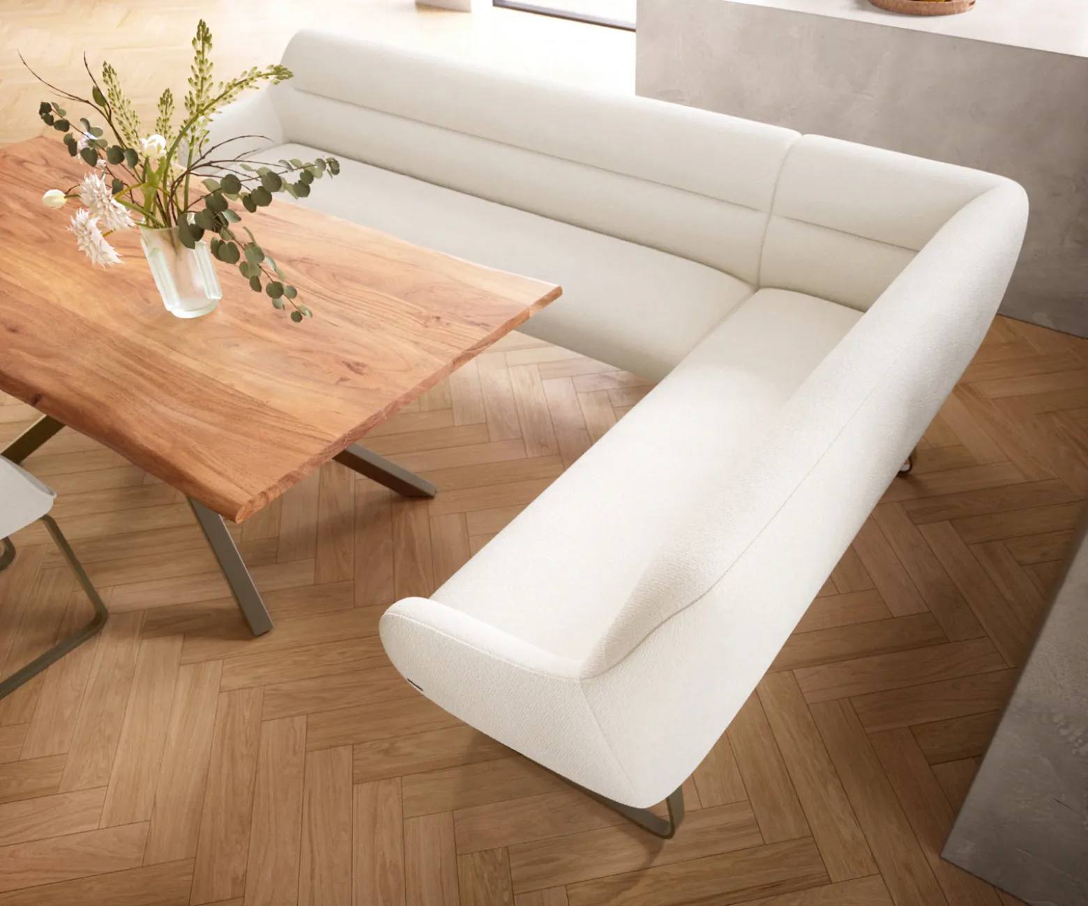 EsszimmerbankTaya-Flex 285x190 cm Bouclé Creme-Weiß Kufengestell flach Effektfinish Titan Taschenfederkern Rechts Sofort versandfertig