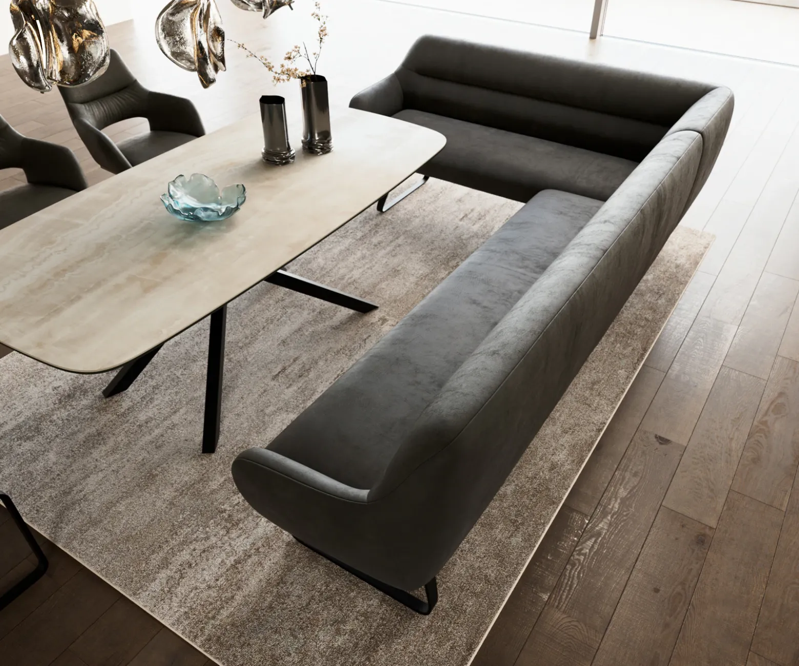 EsszimmerbankTaya-Flex 285x190 cm Mikrofaser Anthrazit Vintage Kufengestell flach Schwarz Taschenfederkern Links Sofort versandfertig