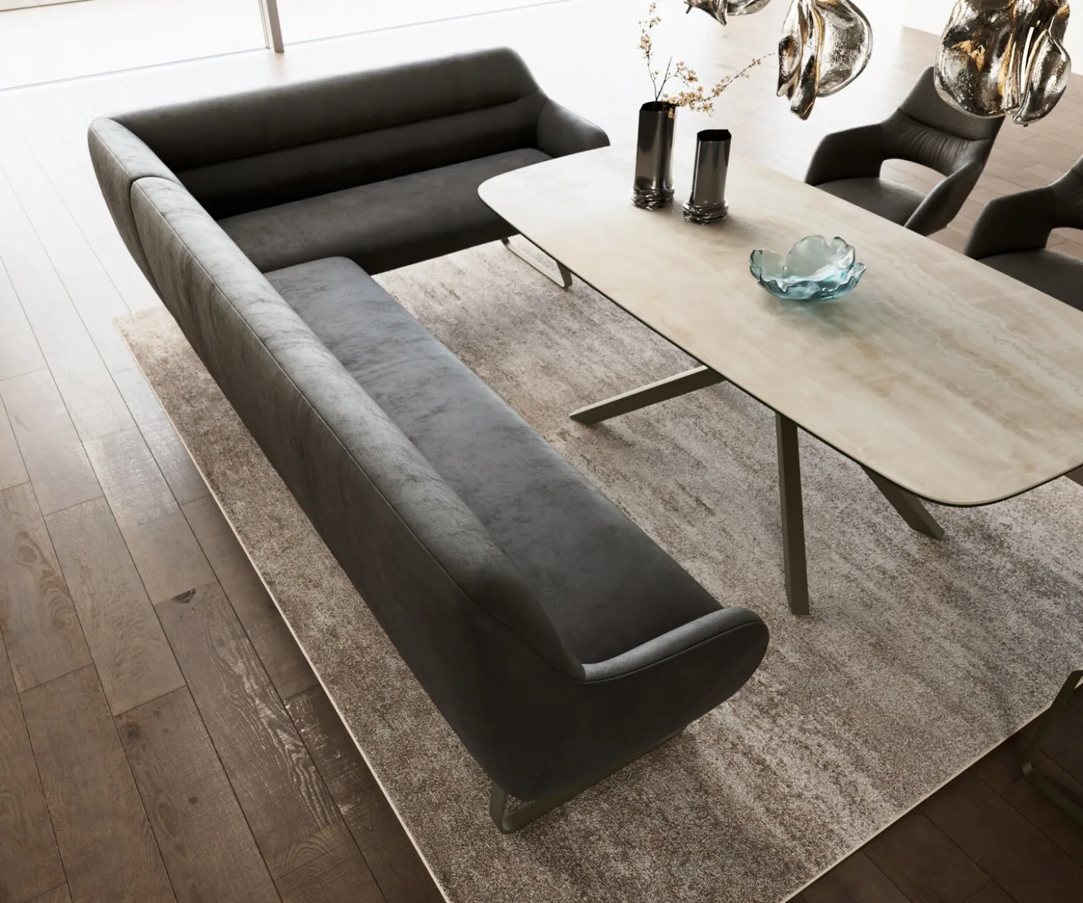 EsszimmerbankTaya-Flex 285x190 cm Mikrofaser Anthrazit Vintage Kufengestell flach Effektfinish Titan Taschenfederkern Rechts Sofort versandfertig