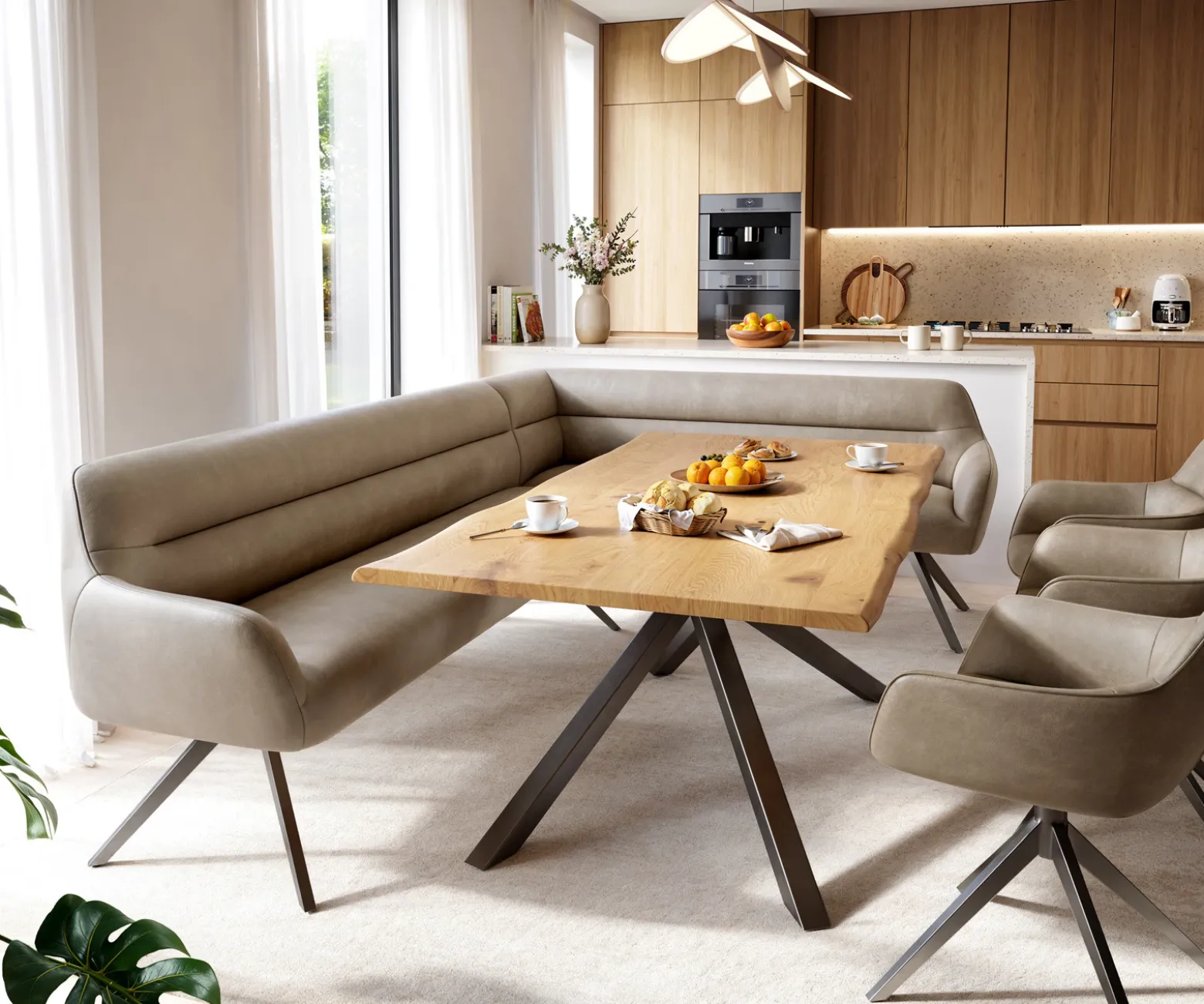 EsszimmerbankTaya-Flex 285x190 cm Mikrofaser Beige Vintage Kreuzgestell kantig Graphit Taschenfederkern Rechts Sofort versandfertig