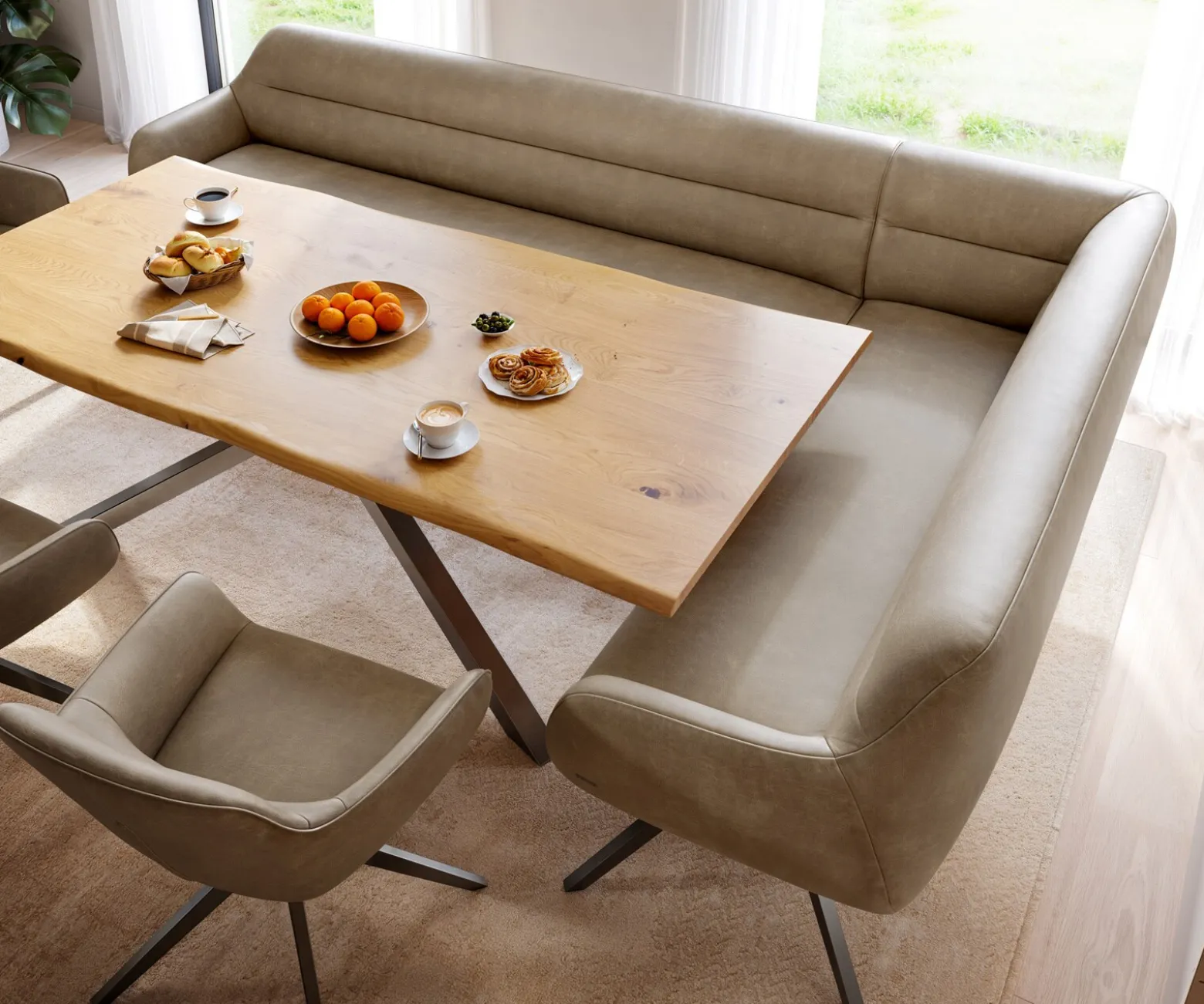 EsszimmerbankTaya-Flex 285x190 cm Mikrofaser Beige Vintage Kreuzgestell kantig Graphit Taschenfederkern Rechts Sofort versandfertig