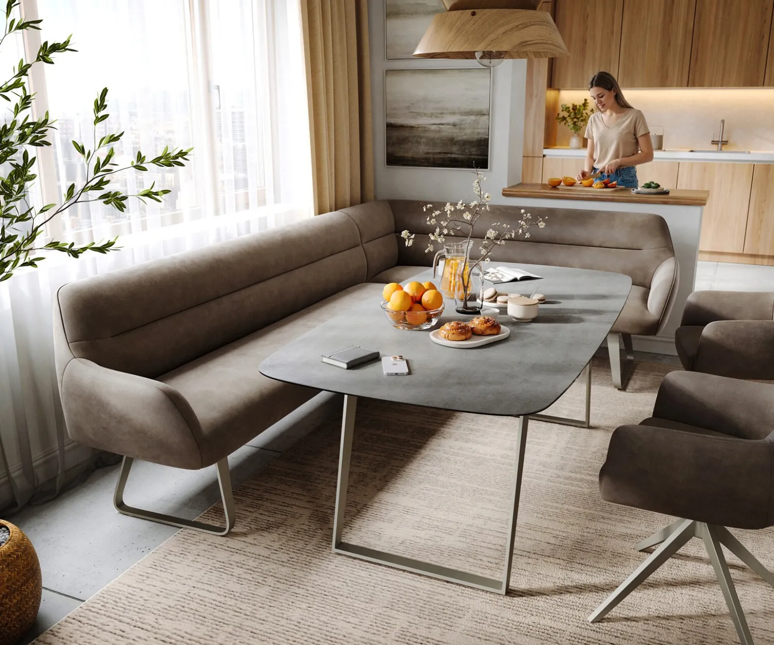 EsszimmerbankTaya-Flex 285x190 cm Mikrofaser Taupe Vintage Kufengestell flach Effektfinish Titan Taschenfederkern Rechts Sofort versandfertig